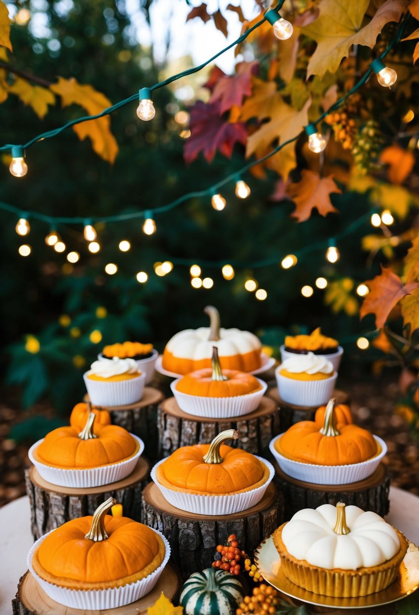 A festive fall wedding dessert table filled with pumpkin pies, cupcakes, and tarts, surrounded by autumn foliage and twinkling string lights