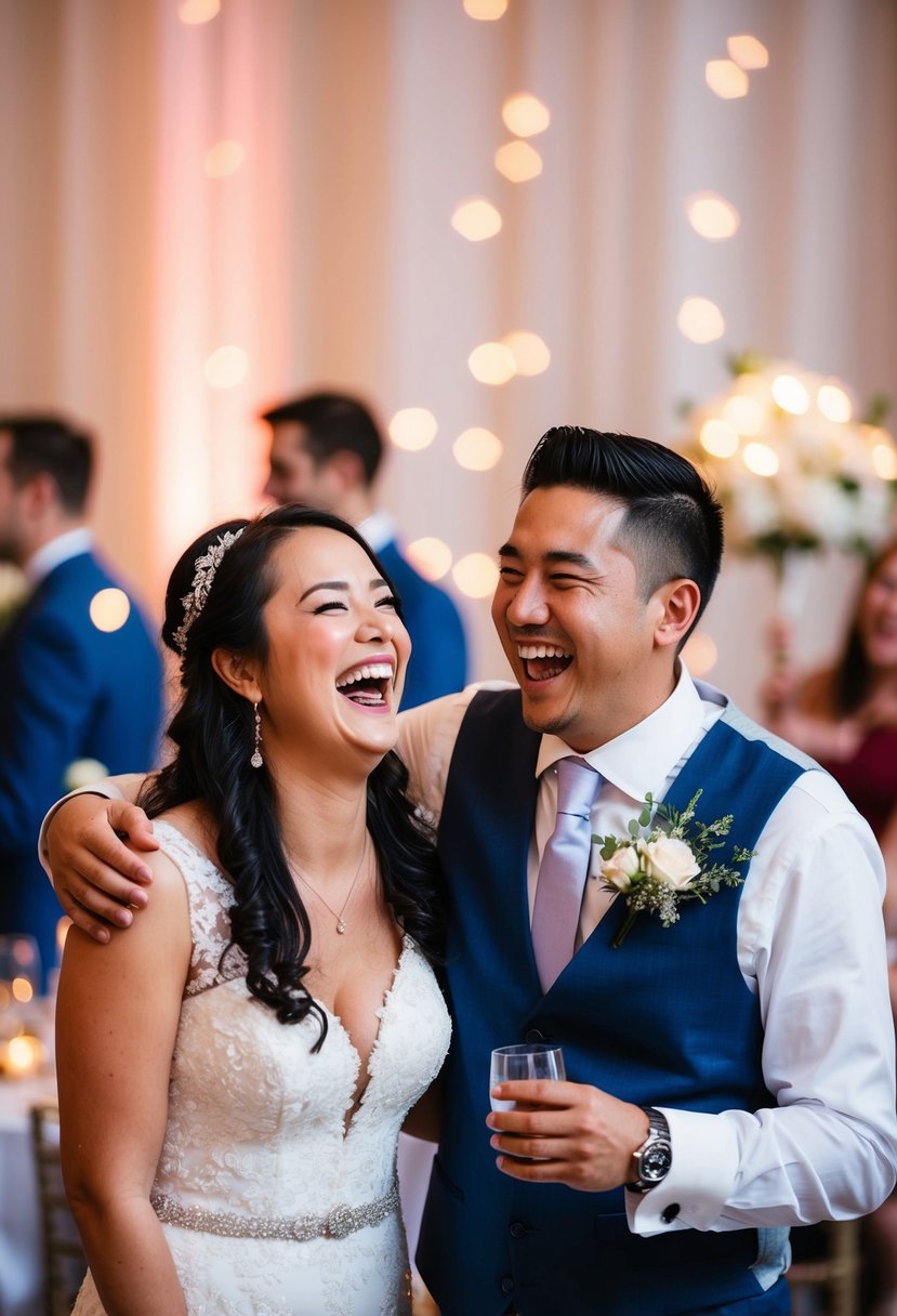 Two siblings laughing and sharing funny stories at a wedding reception