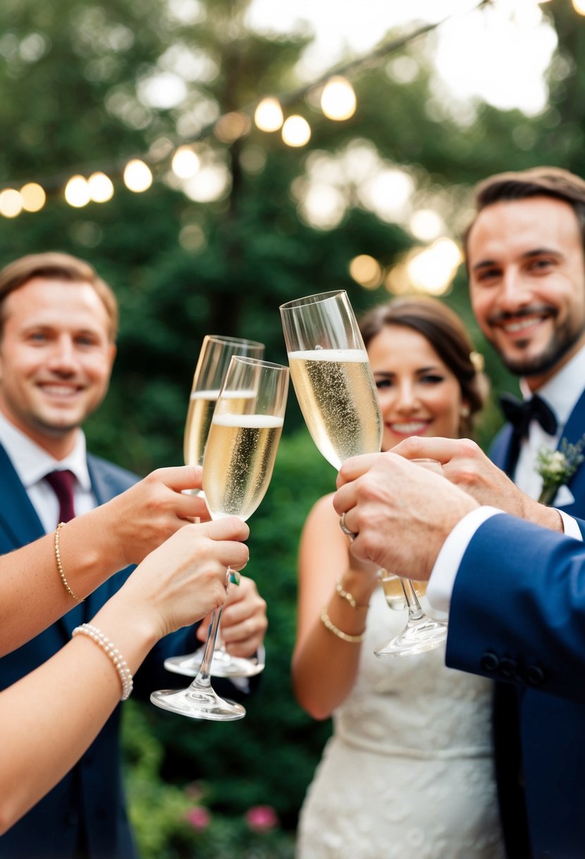 A couple clinking champagne glasses as guests smile and raise their own glasses in celebration