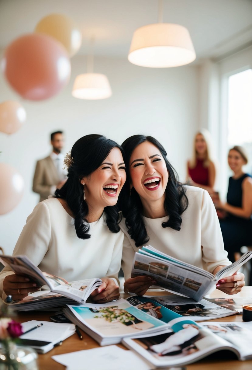 Two sisters laughing and hugging, surrounded by wedding magazines and notes, brainstorming ideas for a heartfelt speech