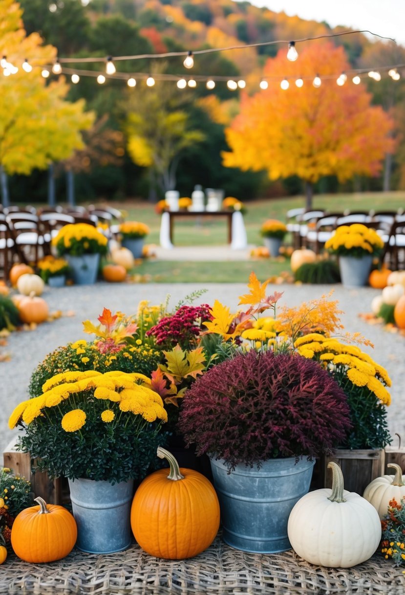 A rustic outdoor wedding venue adorned with vibrant autumn foliage, including colorful leaves, pumpkins, and seasonal flowers