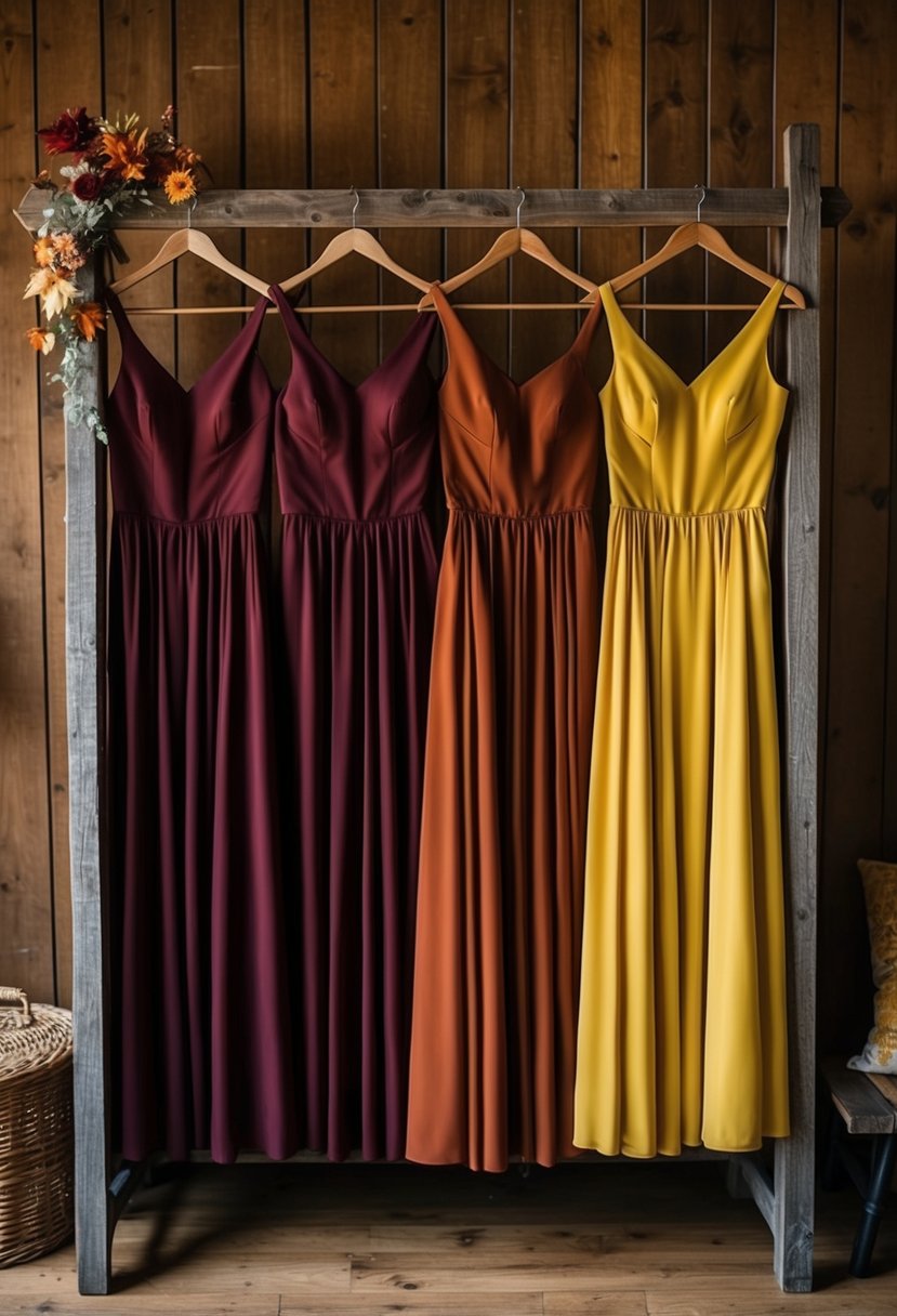 A group of bridesmaid dresses in deep burgundy, burnt orange, and golden yellow, hanging on a rustic wooden rack in a cozy autumn setting