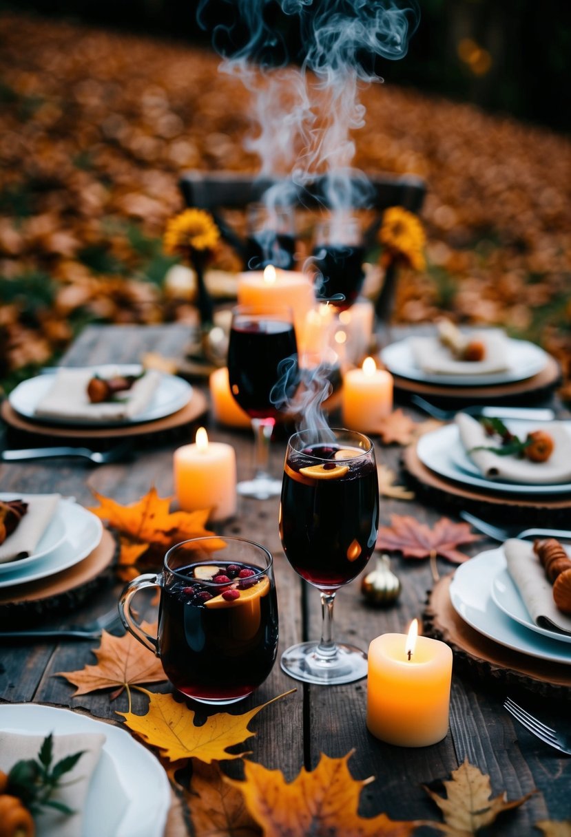 A rustic table set with steaming mulled wine, surrounded by autumn leaves and candles, creates a cozy atmosphere for a fall wedding celebration