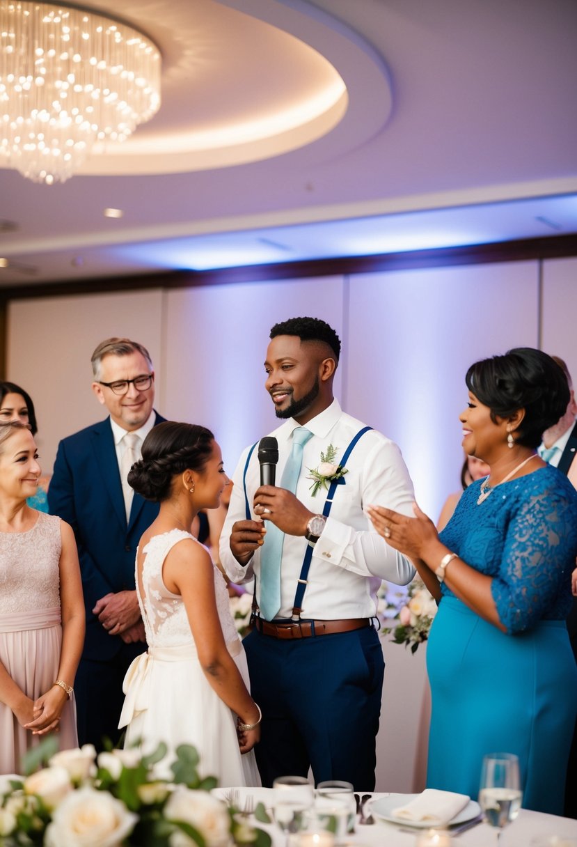 A groom standing at a wedding reception, surrounded by family members, giving a heartfelt speech to welcome his sister into the family