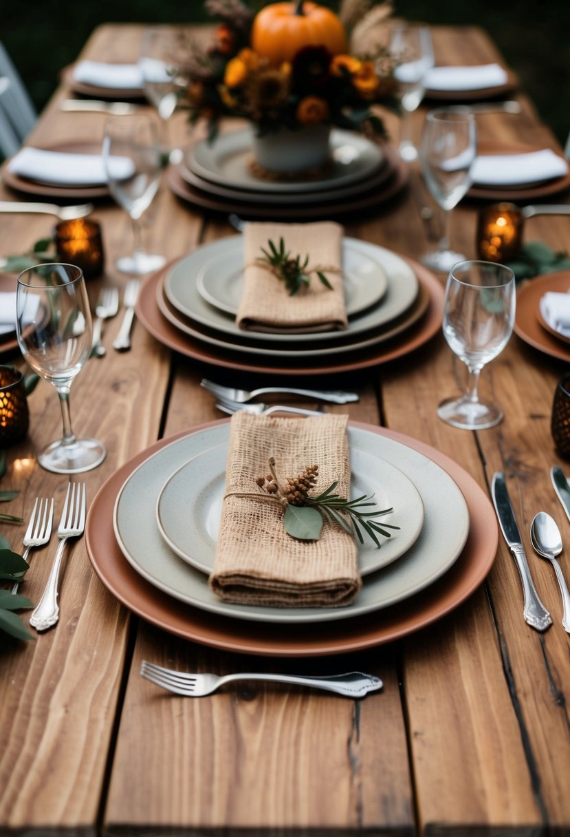 A wooden table adorned with rustic table settings, including earth-toned plates, burlap napkins, and elegant silverware, creates a cozy and charming atmosphere for a fall wedding