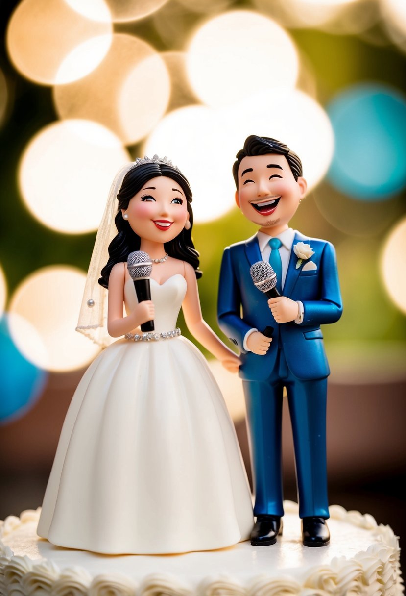 A bride and groom figurines standing on a wedding cake, with the bride figurine holding a microphone and the groom figurine laughing