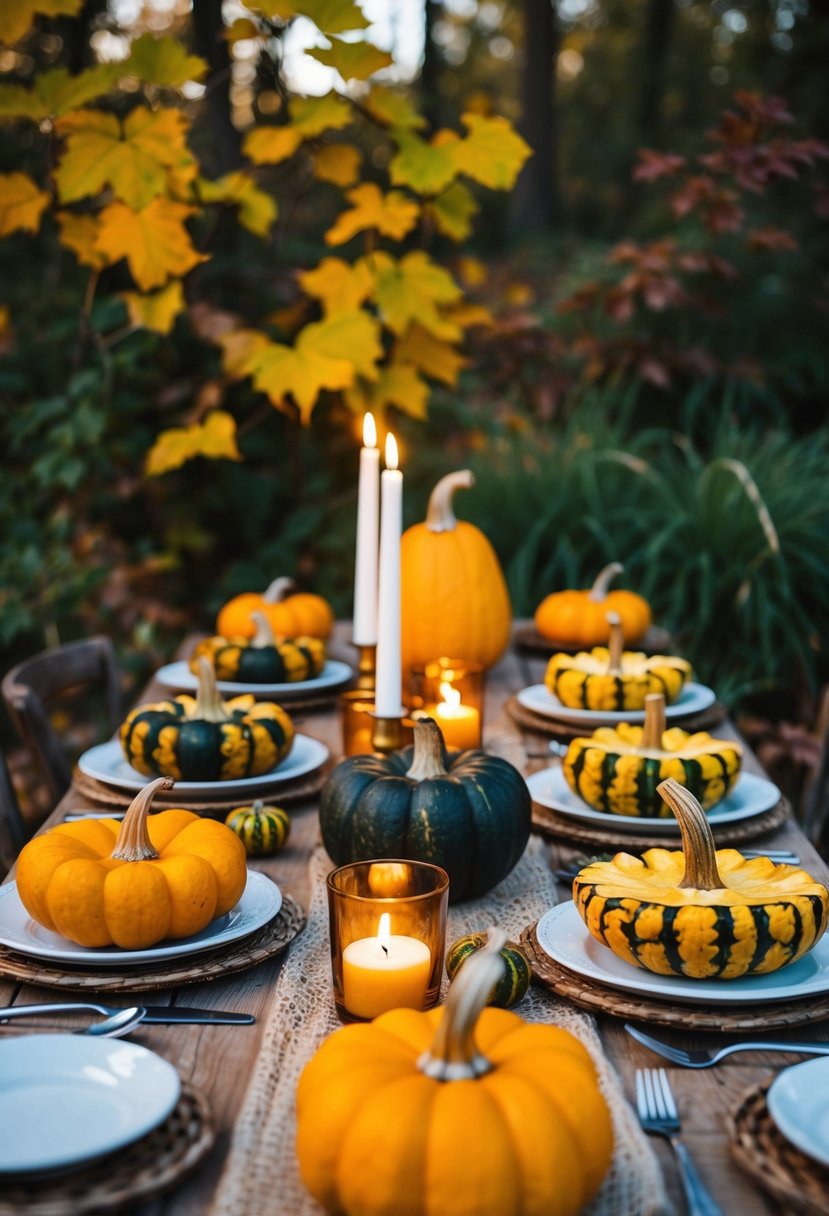 A rustic table set with assorted squash dishes, surrounded by autumn foliage and warm candlelight