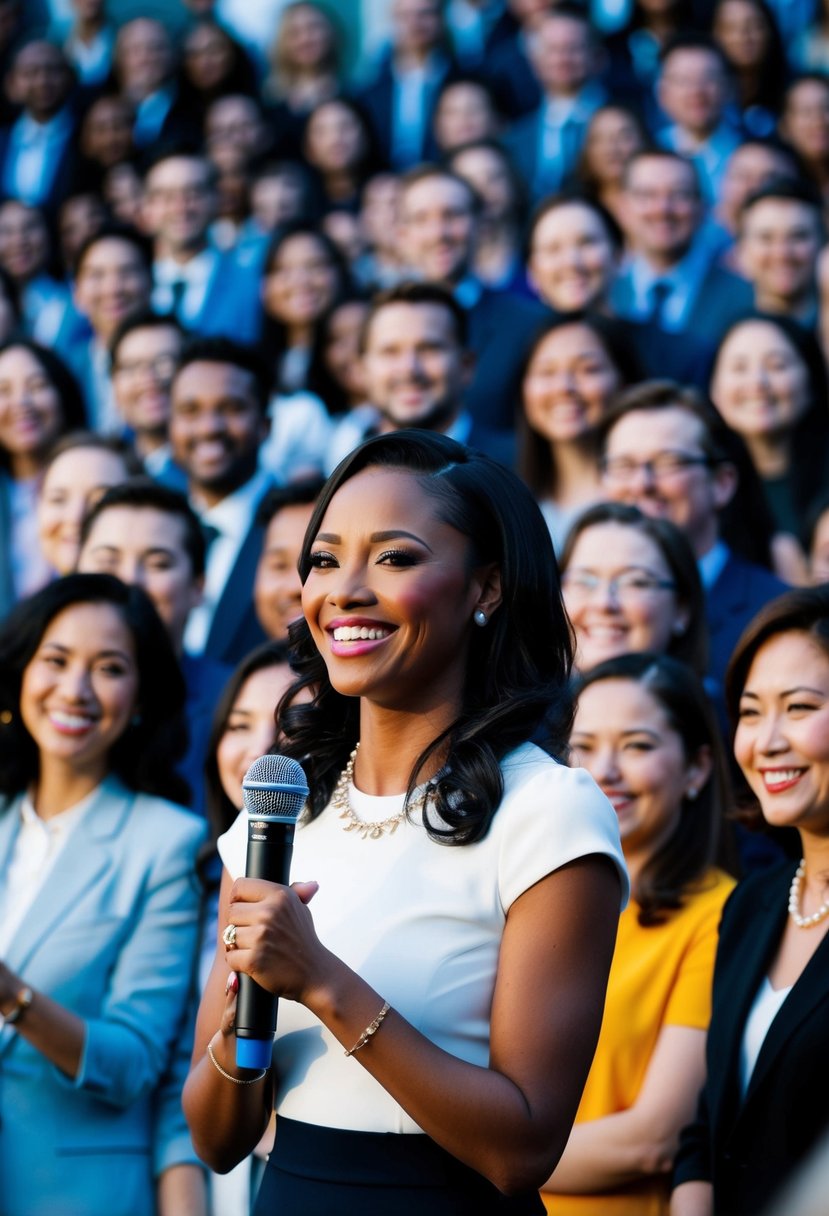 A woman stands tall, beaming with pride as she holds a microphone, surrounded by a crowd of smiling faces