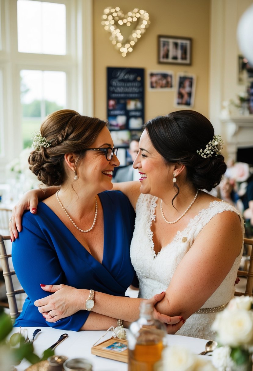 Two sisters embracing in a warm, heartfelt conversation, surrounded by wedding decor and memorabilia. A sense of love and support radiates from the interaction