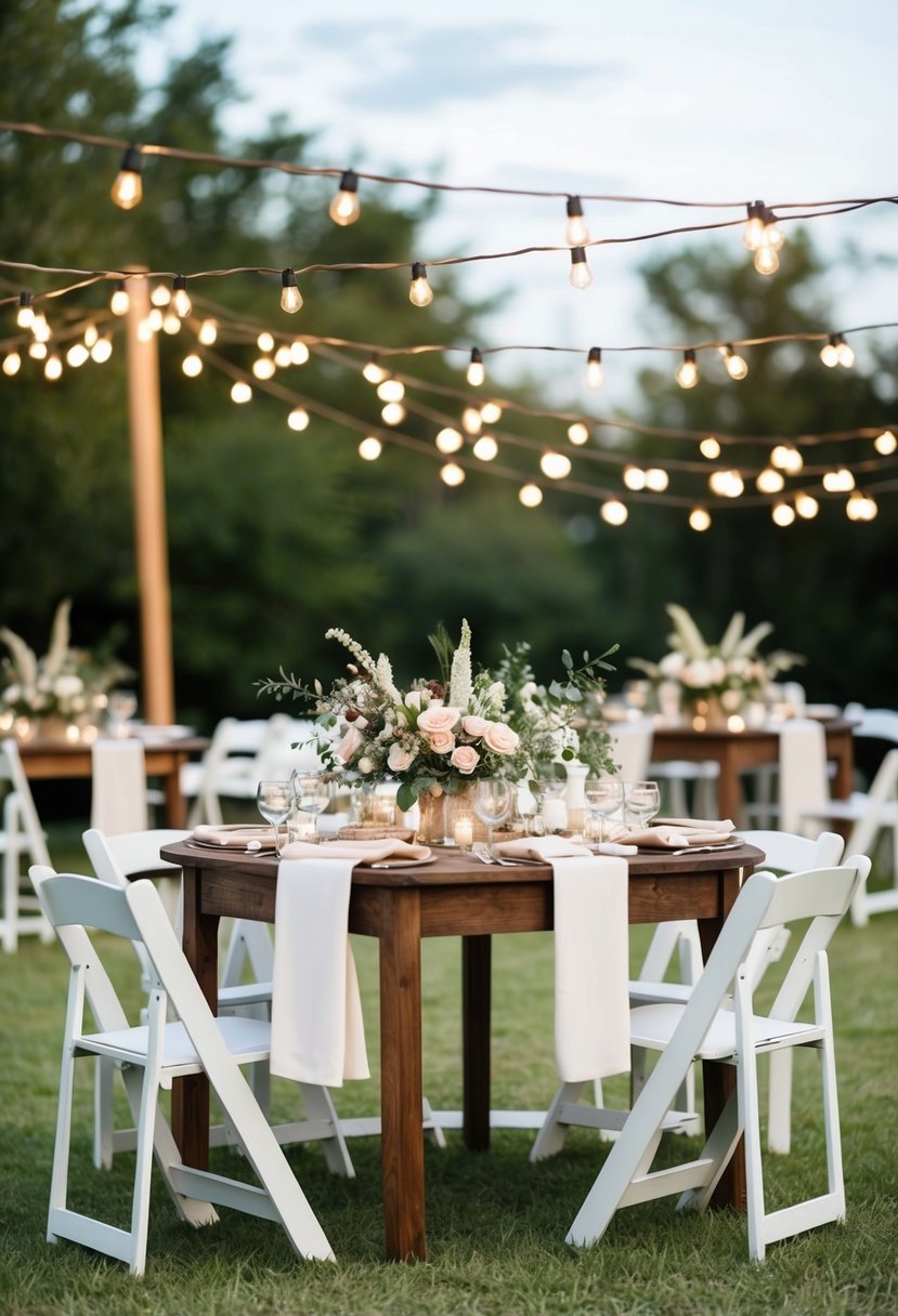 A rustic outdoor wedding setup with string lights, floral centerpieces, and handmade decor