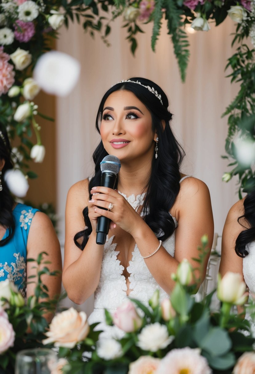 A woman surrounded by flowers and wedding decorations, holding a microphone with a thoughtful expression on her face, preparing to give a heartfelt speech for her sister's future wedding