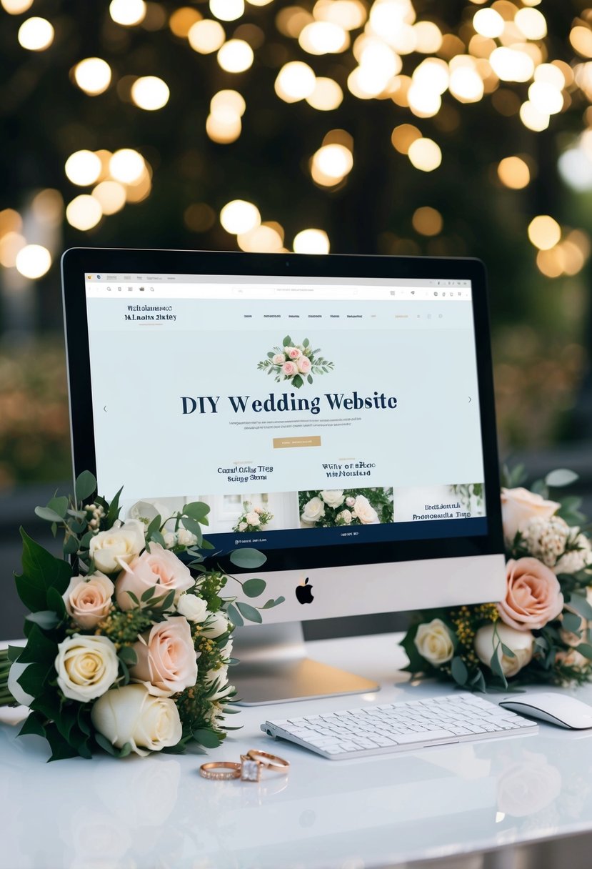 A computer screen displaying a custom wedding website with DIY wedding tips, surrounded by a bouquet of flowers and a pair of wedding rings