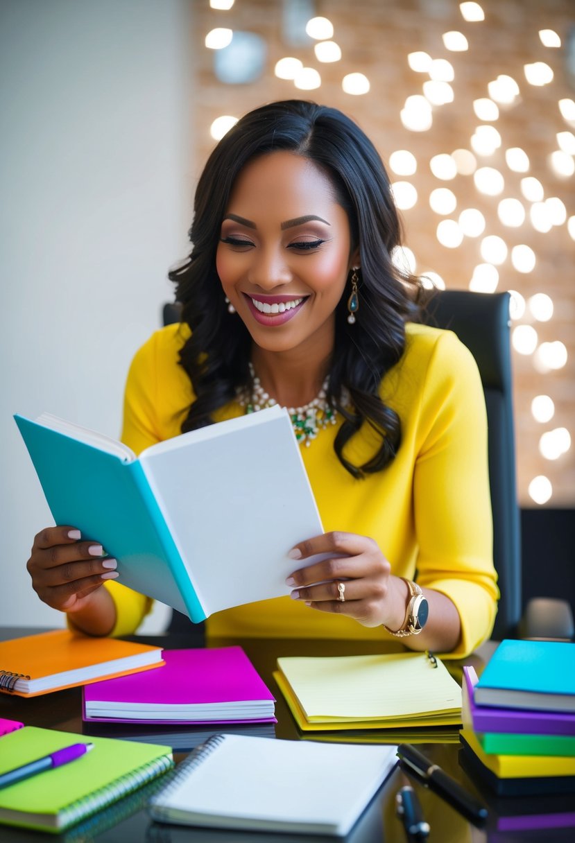 A woman sits at a desk, surrounded by colorful notepads and pens. She is smiling as she flips through a book of wedding speech ideas, her eyes lighting up with joy and excitement