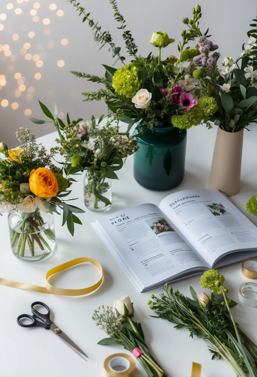 A table with assorted flowers, greenery, and vases. Scissors, ribbon, and floral tape scattered around. A step-by-step guidebook open nearby