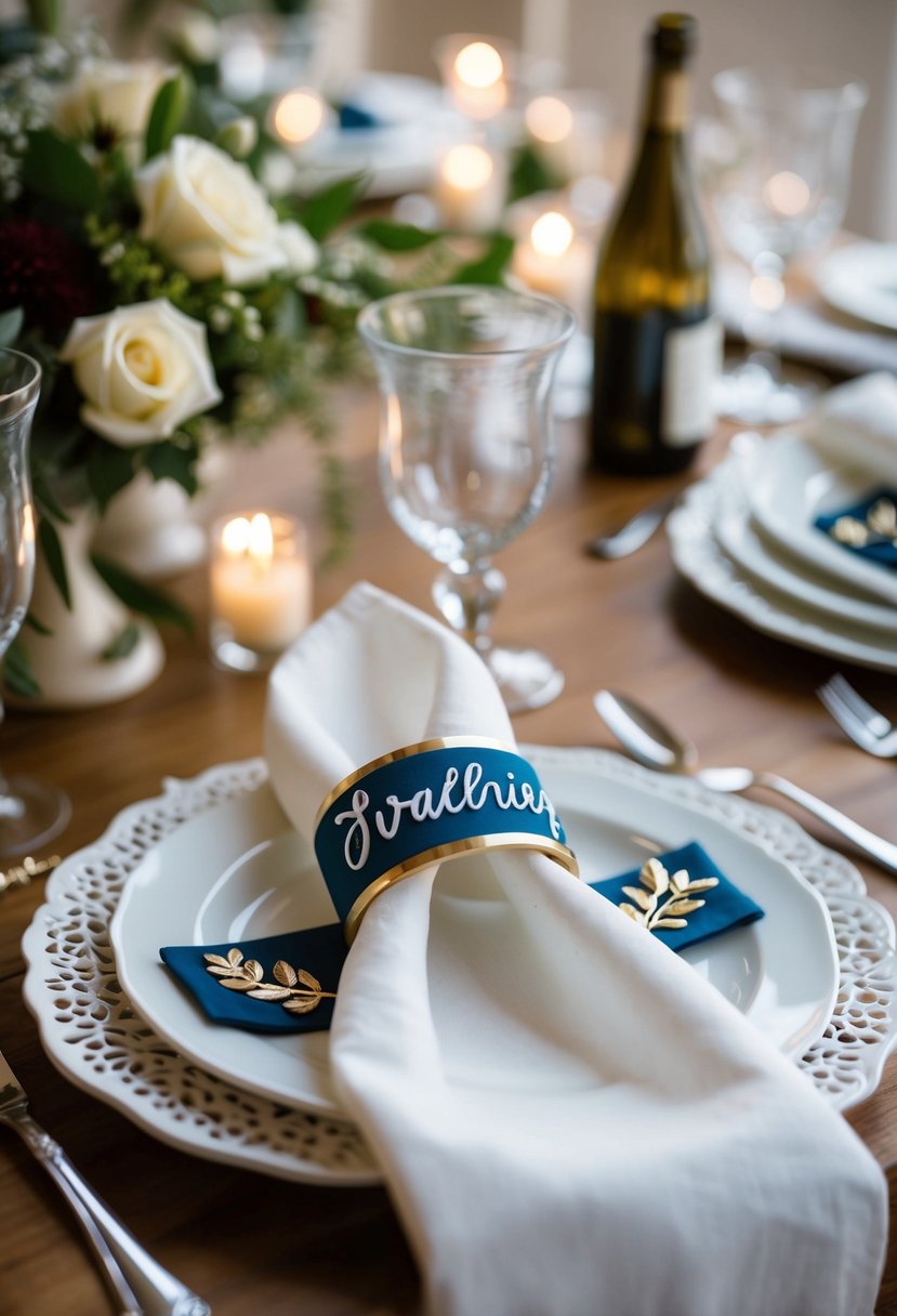 A table set with handcrafted napkin rings, adorned with personalized details, ready for a wedding celebration