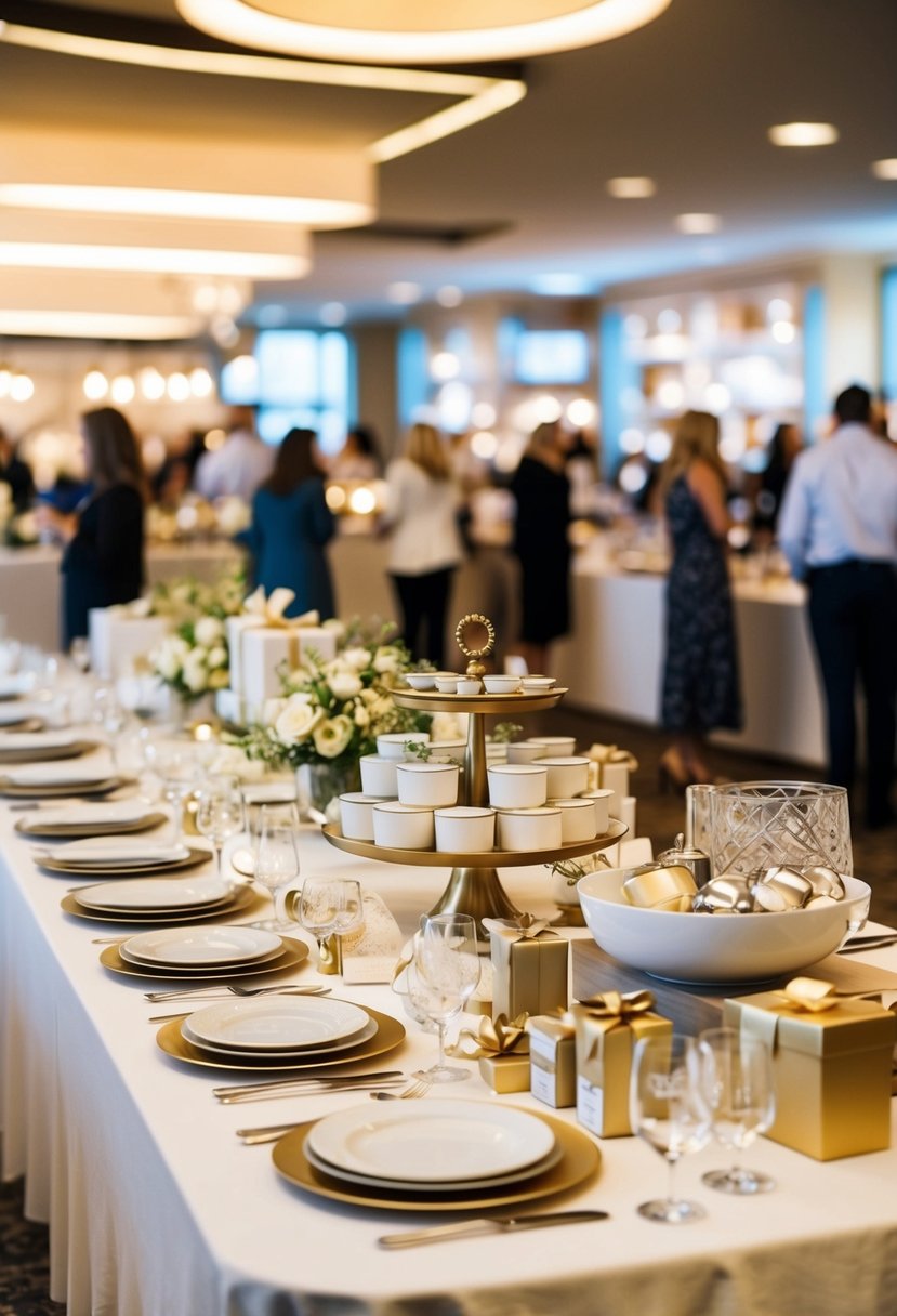 A table displays a variety of elegant gifts, from kitchenware to home decor, at a wedding registry event