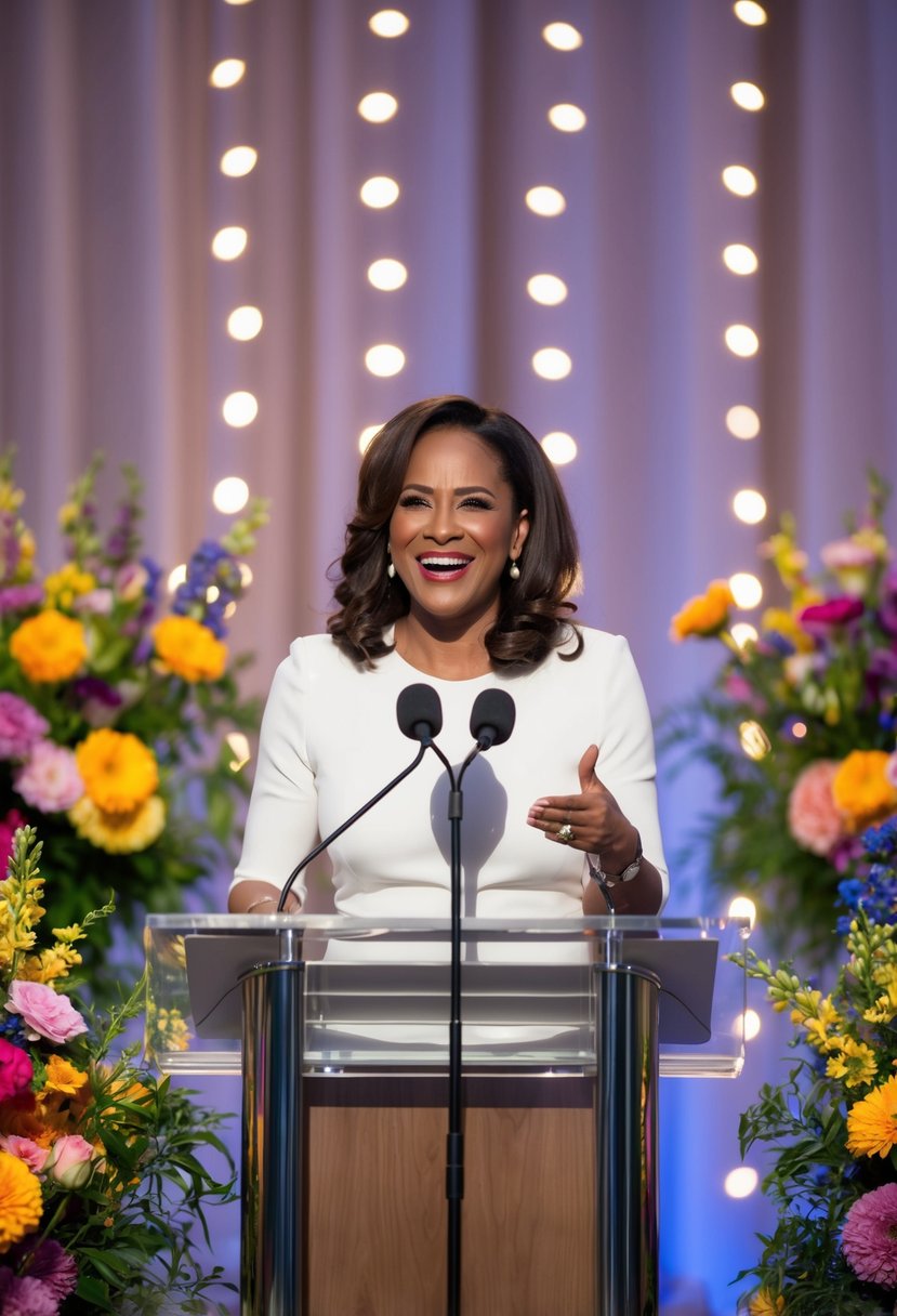 A woman stands at a podium, surrounded by colorful flowers and twinkling lights. She gestures animatedly, her face showing a mix of joy and sentimentality