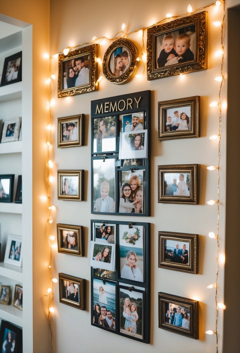 A memory wall adorned with photos, surrounded by fairy lights and decorative frames