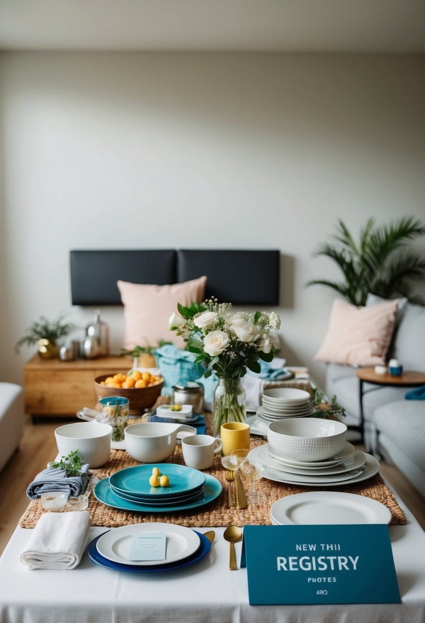 A table with various household items, from kitchenware to bedding, displayed neatly with a registry sign nearby