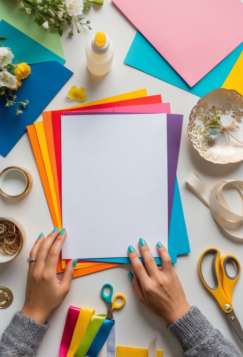 A table with colorful paper, scissors, glue, ribbons, and decorative elements for making DIY wedding invitation cards