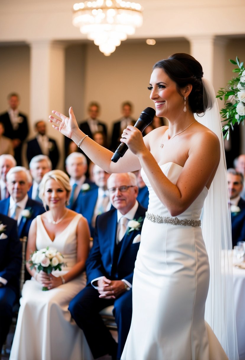 A bride stands at a microphone, smiling as she gestures towards a group of distinguished guests seated at the front of the wedding venue