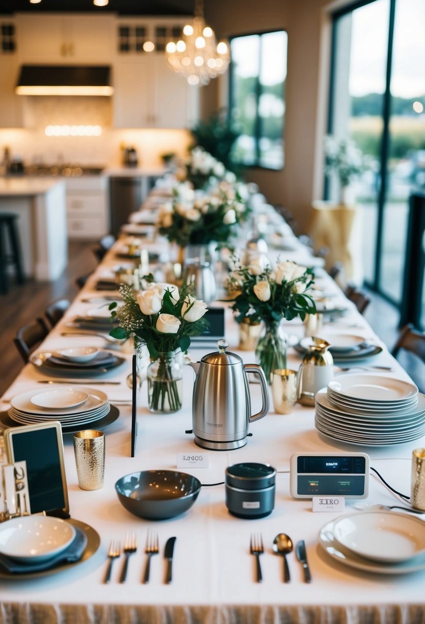 A table with a variety of wedding registry items, including kitchenware, electronics, and home decor, displayed at various price points