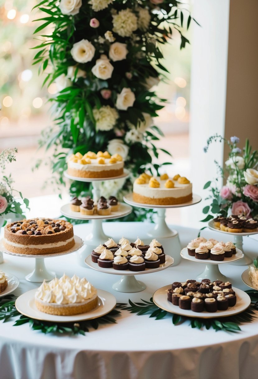 A dessert table display at a wedding, featuring a variety of homemade treats arranged on elegant cake stands and platters, surrounded by delicate floral decorations