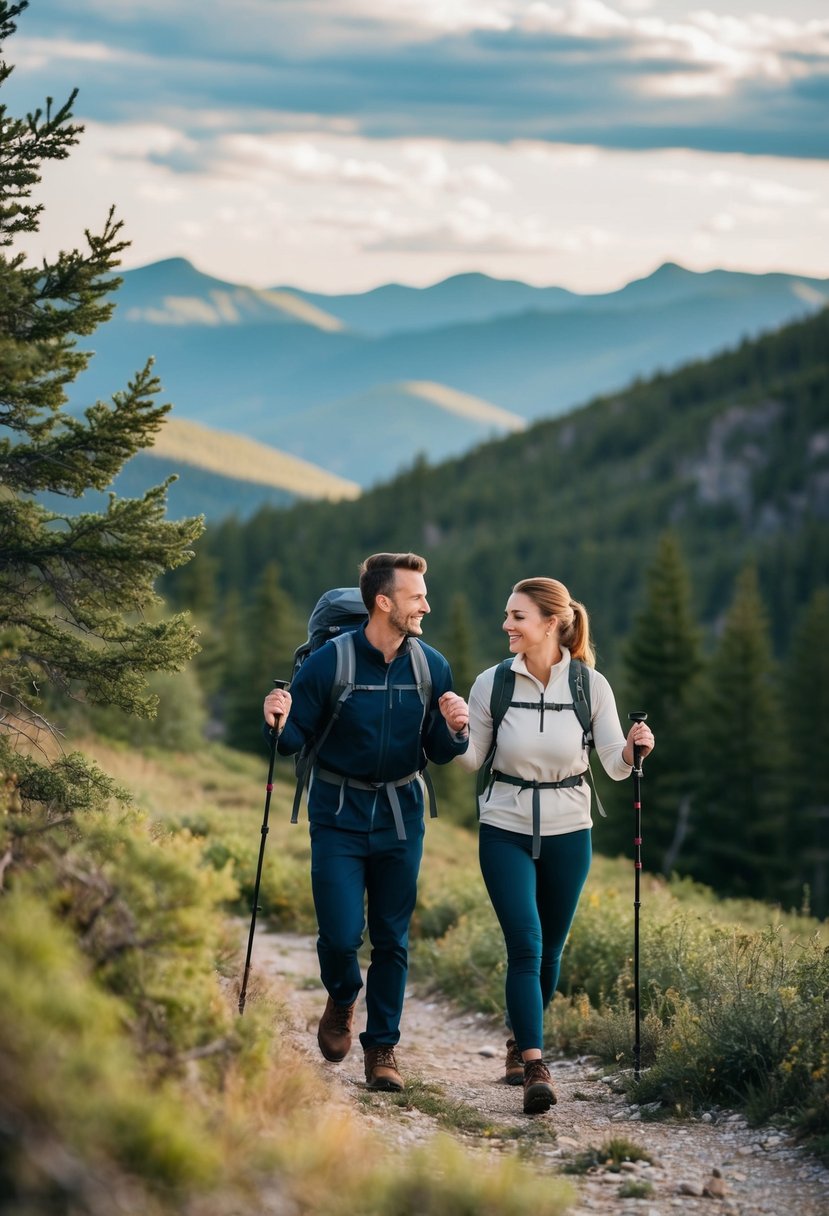 A couple hiking in a scenic landscape, surrounded by nature and enjoying outdoor activities together