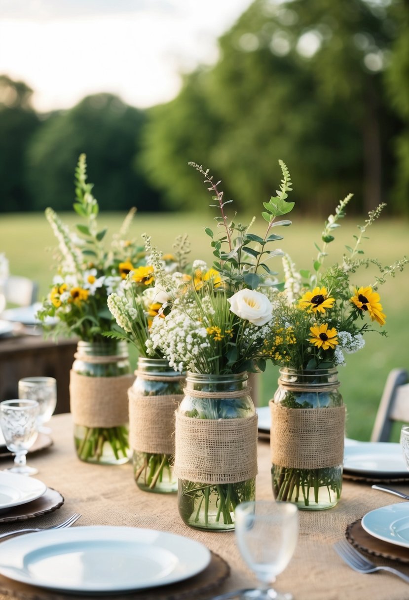 A rustic table setting with burlap-wrapped mason jar vases filled with wildflowers and greenery for a DIY wedding