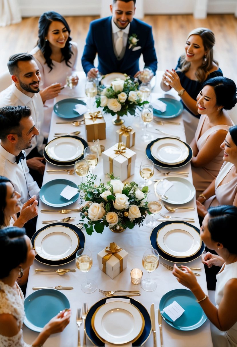 A table set with elegant dinnerware and a variety of wedding gifts, surrounded by a group of people happily chatting and celebrating