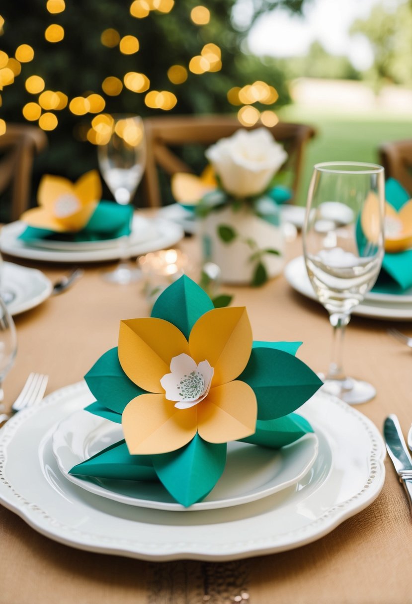 A table set with craft paper flower napkin rings and wedding decor