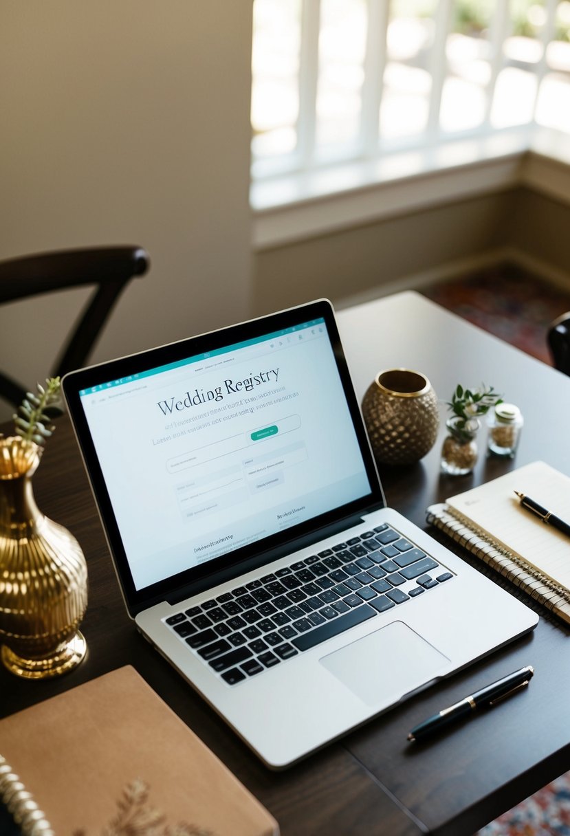 A table with a pen, notebook, and decorative items. A laptop open to a wedding registry website