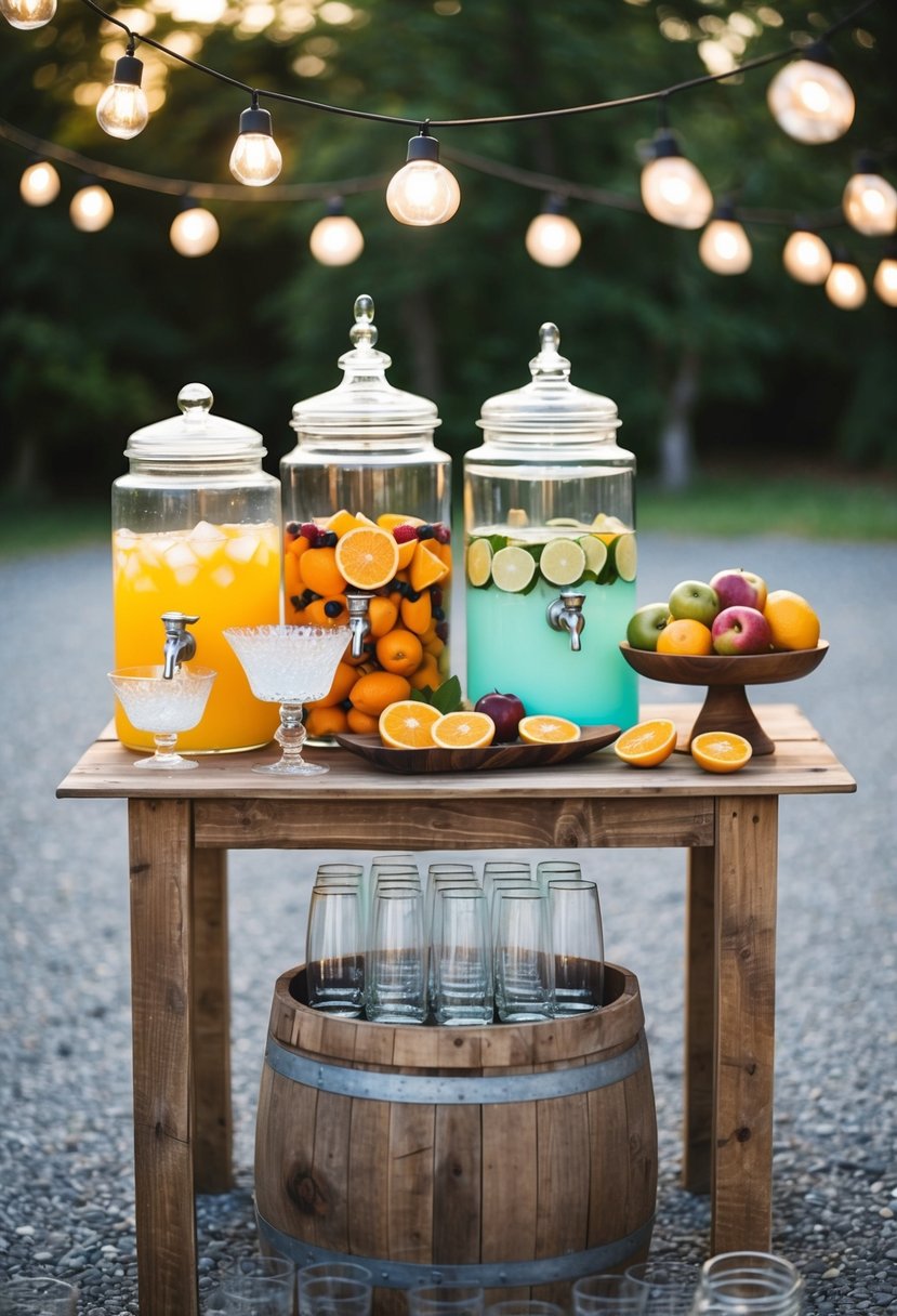 A rustic wooden table with assorted glassware, drink dispensers, and fresh fruit arranged for a self-serve cocktail bar at a DIY wedding