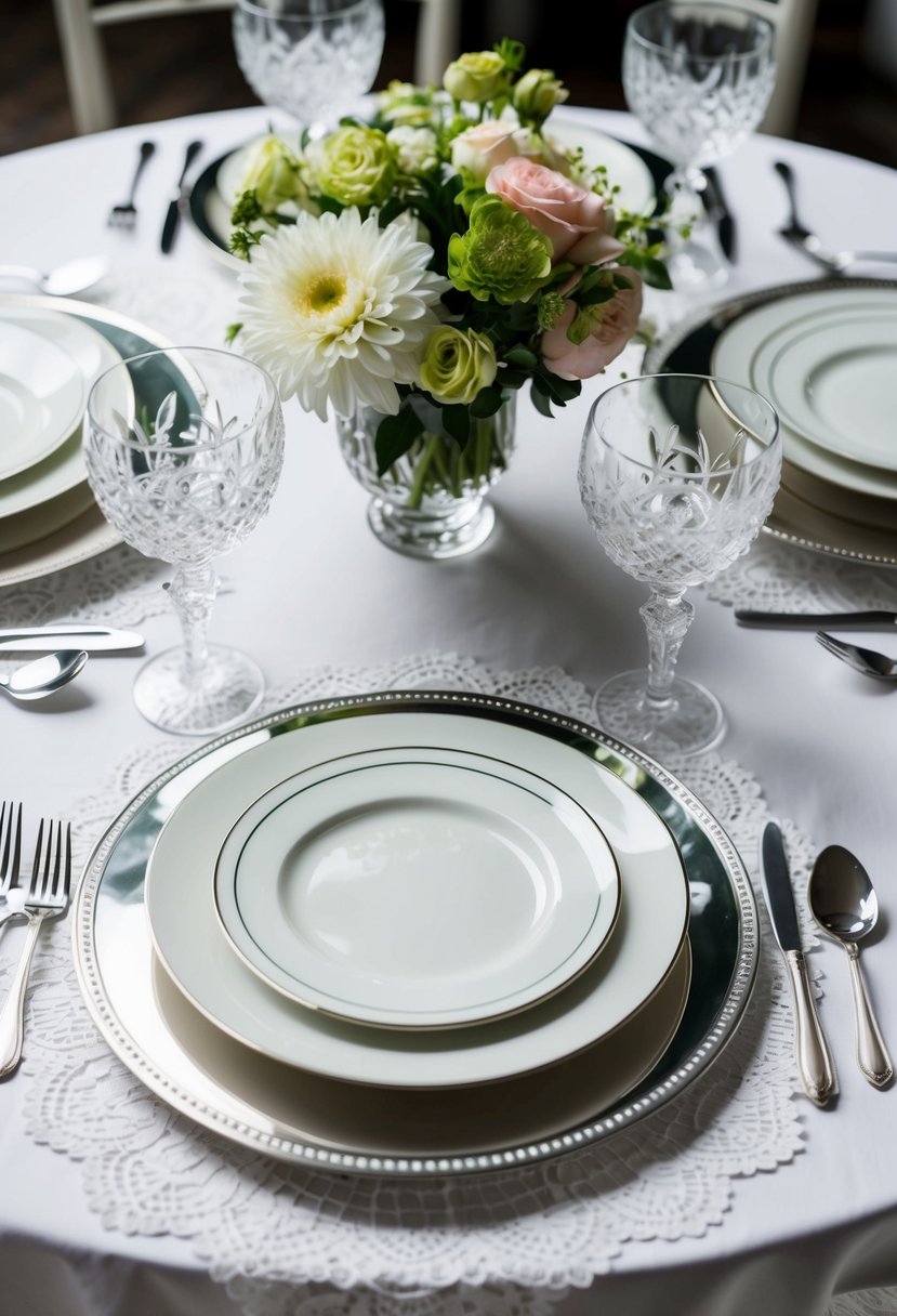 A table set with elegant dinnerware, crystal glasses, and silver cutlery. A classic white lace tablecloth and a vase of fresh flowers complete the scene