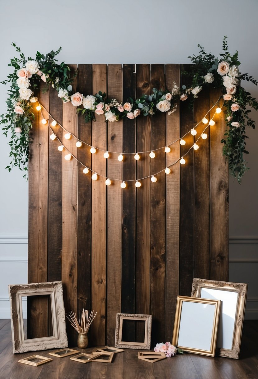 A rustic wooden backdrop adorned with fairy lights and floral garlands, surrounded by vintage frames and props for a DIY wedding photo booth