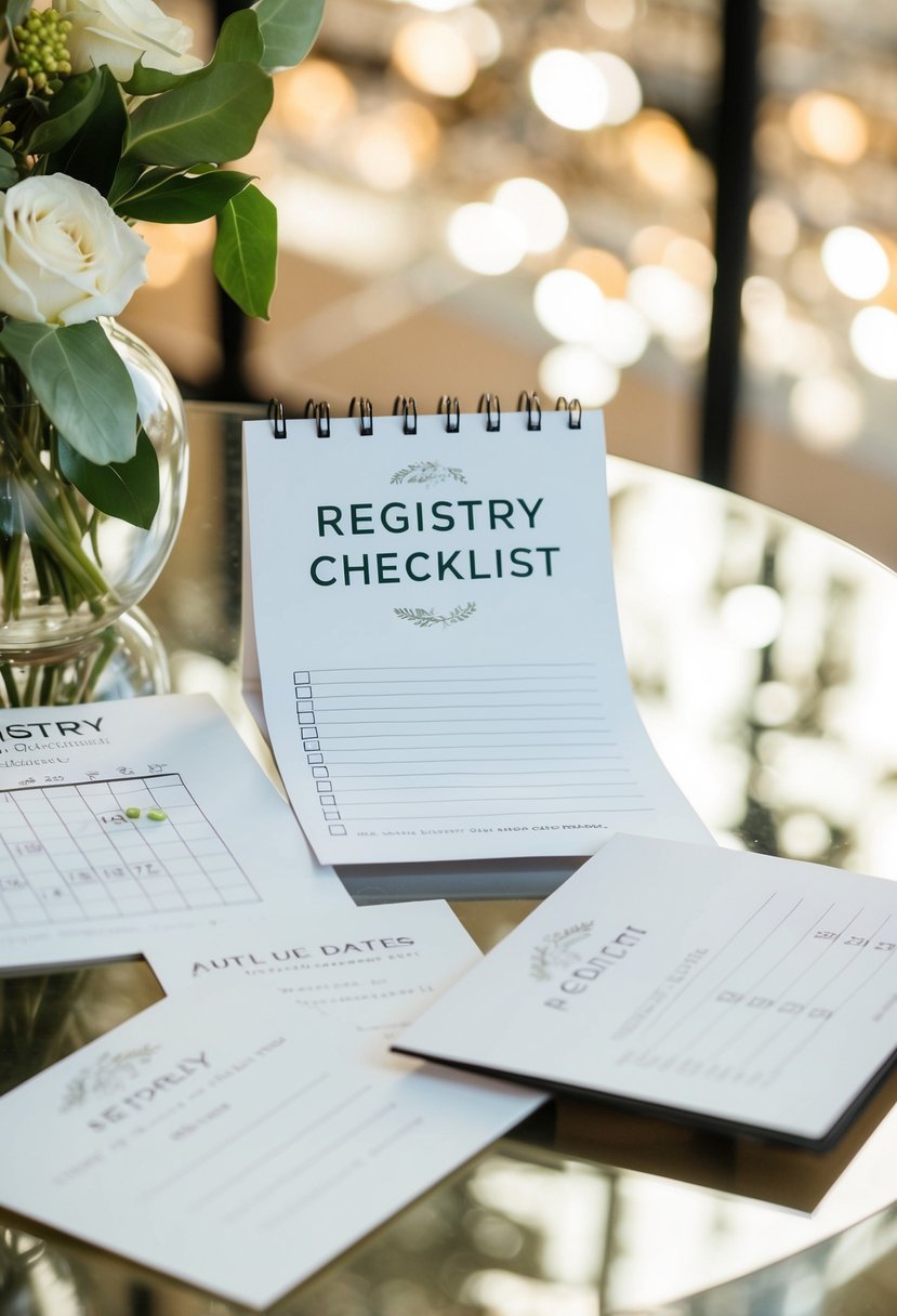 A table with a registry checklist, wedding invitations, and a calendar with future dates marked