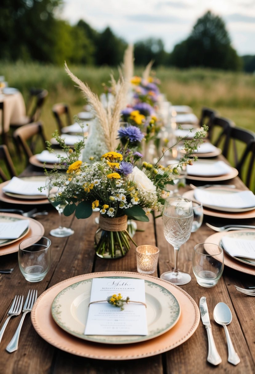 A rustic outdoor wedding with handmade centerpieces, vintage plates, and wildflower bouquets on wooden tables