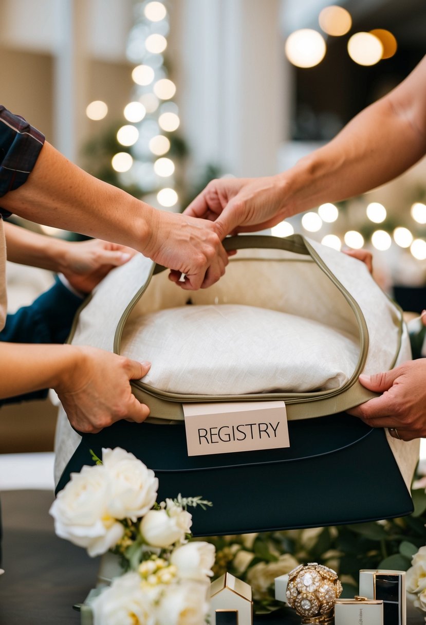 Multiple hands contributing to purchase a large item from a wedding registry