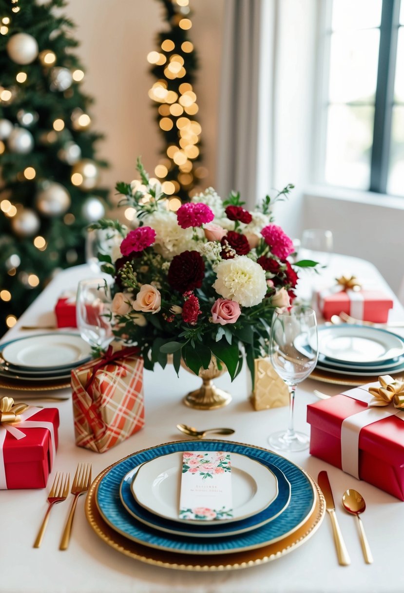 A table set with elegant dinnerware and a bouquet of flowers, surrounded by wrapped presents and a decorative gift card