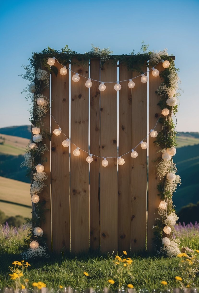 A wooden backdrop adorned with fairy lights and wildflowers, set against a backdrop of rolling hills and a clear blue sky