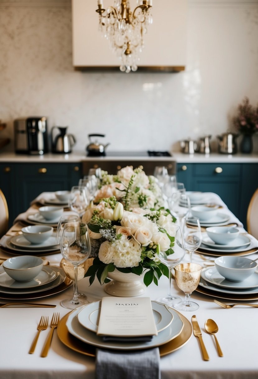 A table filled with elegant dinnerware, kitchen appliances, and luxurious linens