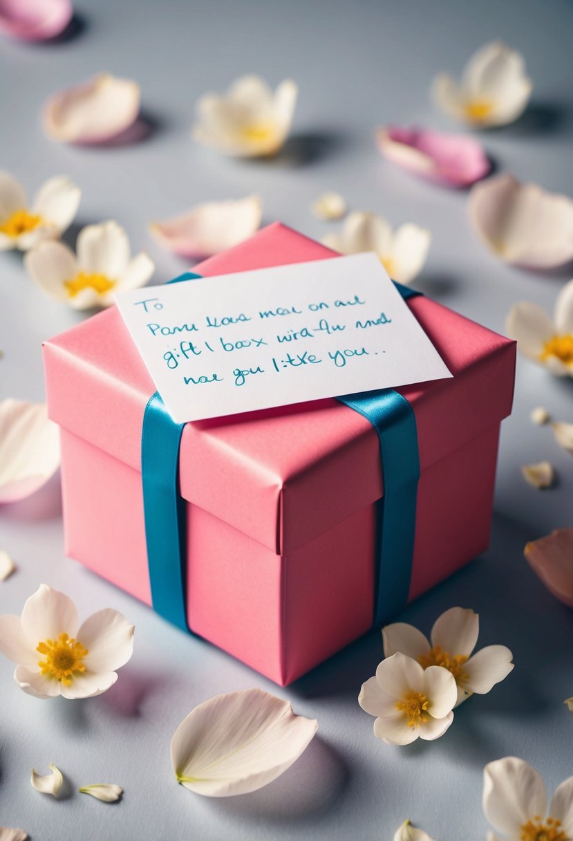 A beautifully wrapped gift box with a handwritten note placed on top, surrounded by delicate flower petals and a soft, romantic lighting