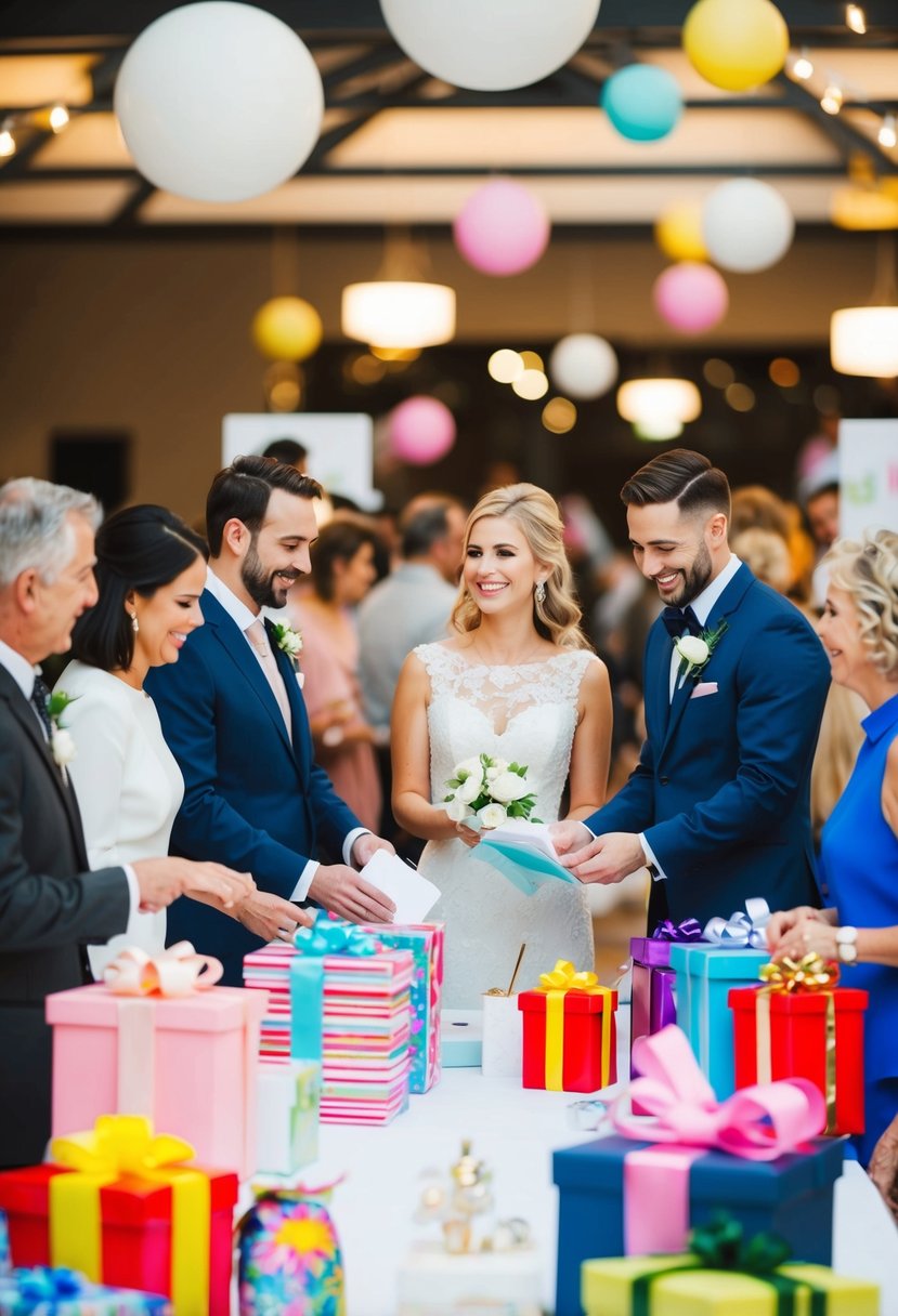 A table with more gifts than guests, a cheerful couple registering for their wedding, surrounded by colorful gift items