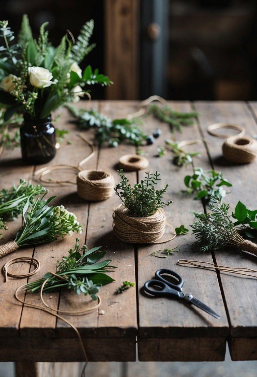 A rustic workbench scattered with floral wire, twine, and assorted greenery, ready to be crafted into groomsmen boutonnieres for a DIY wedding