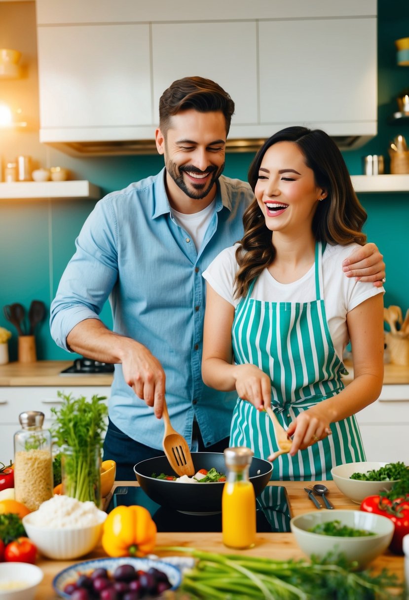 A couple joyfully cooking together in a vibrant kitchen, surrounded by fresh ingredients and cooking utensils, as they learn new recipes in a lively cooking class