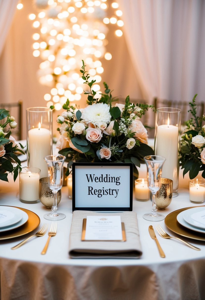 A table with wedding registry items, surrounded by decorative flowers and candles