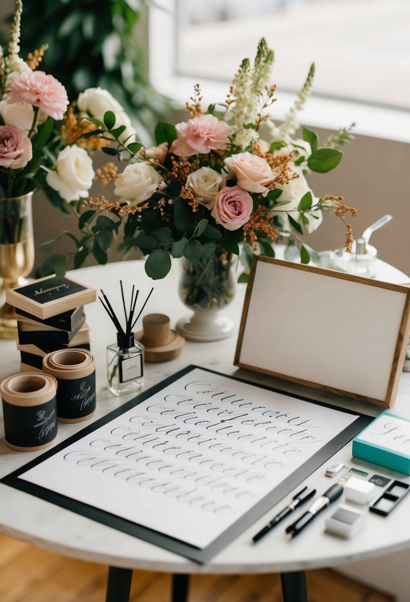 A table with calligraphy supplies, floral arrangements, and a blank wooden sign