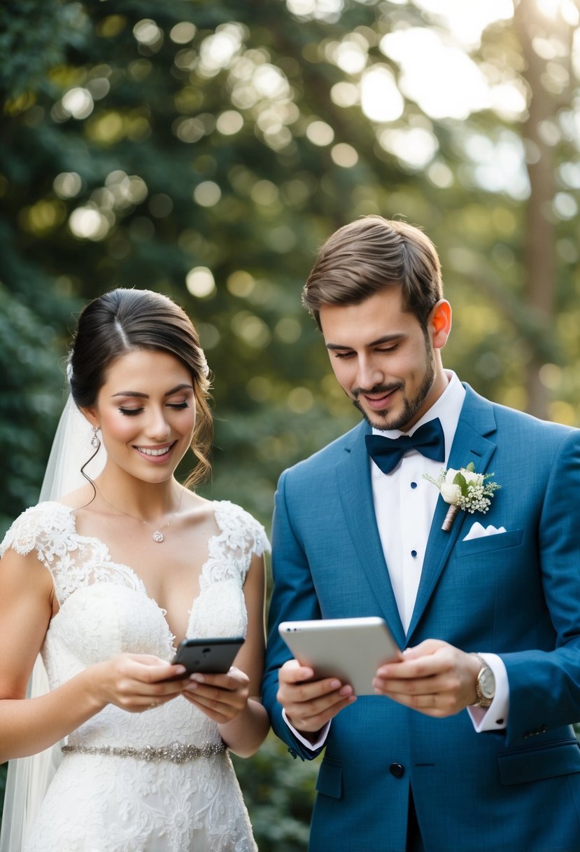 A bride and groom researching return policies for wedding registry items