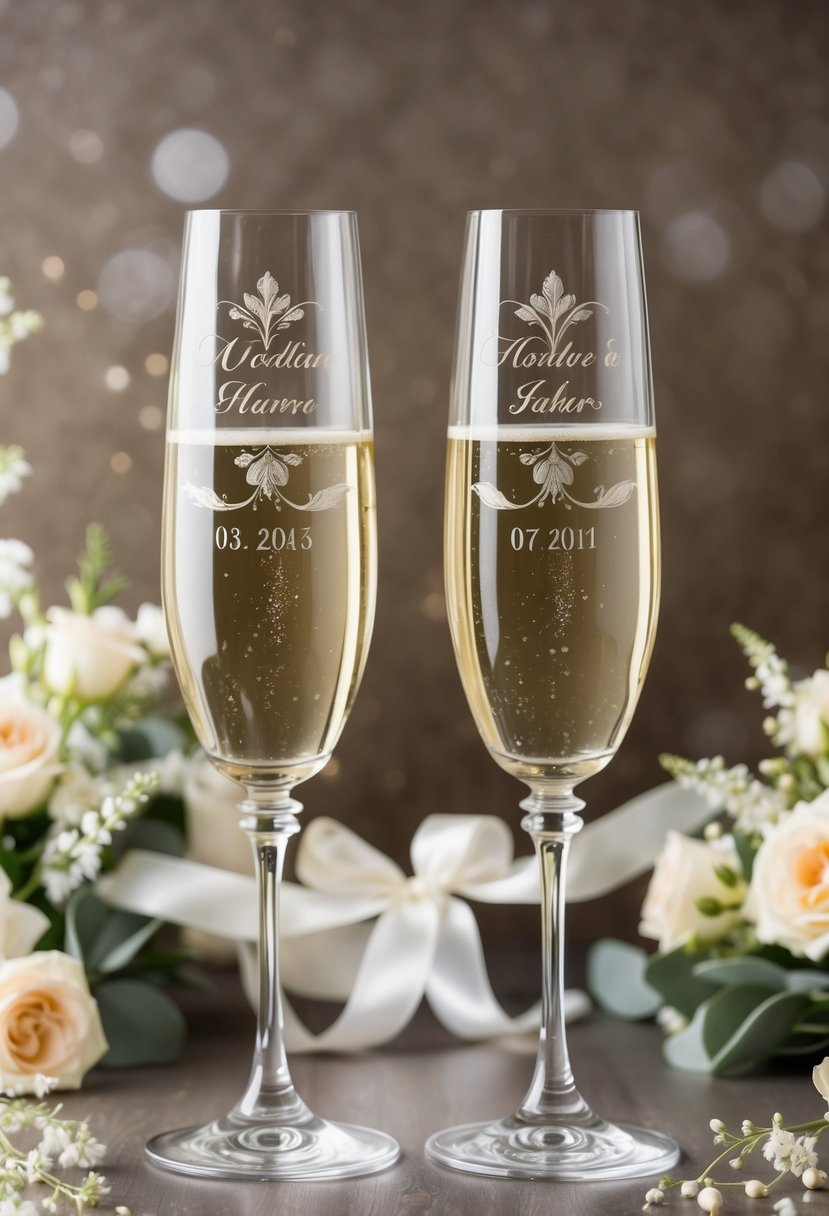 A pair of elegant champagne flutes with engraved names and a wedding date, surrounded by delicate floral arrangements and a decorative ribbon