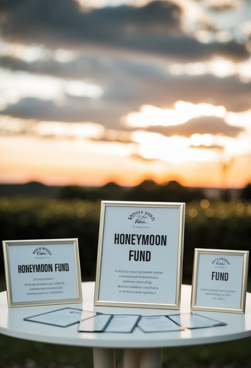 A table displaying various honeymoon fund options and registry tips for a wedding